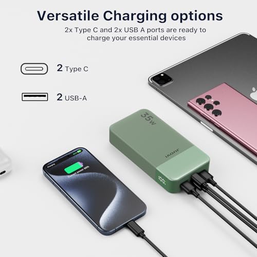 JUOVI J2651 Portable Charger, 35W 20000mAh USB C in & Out Power Bank, Battery Pack with QC4.0+PD3.0 35W High-Speed Charging for Bluetooth Earbud, Mobile Phone, Tablet (Green) - color: Green