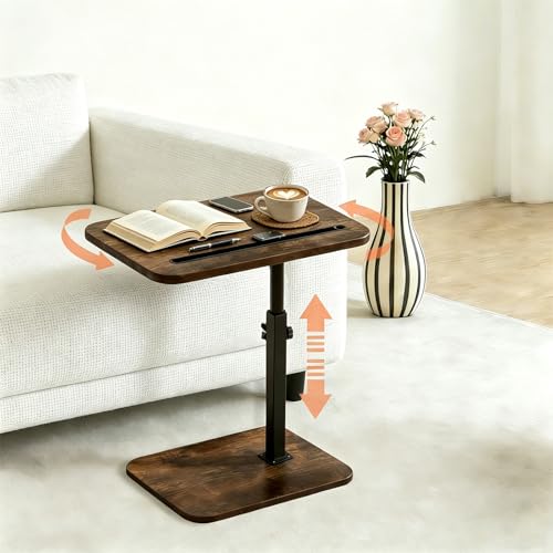 TV Tray Table for Couch, 360° Swivel & Height Adjustable C-Shaped End Table Slides Under Sofa – Space-Saving Laptop Desk & Snack Stand, Laptop Desk & Side Table for Small Spaces, Rustic Brown