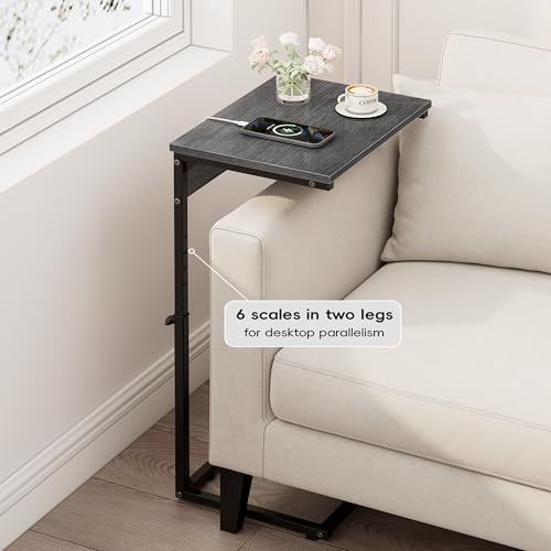 C Shaped End Table with Charging Station, Adjustable Height Side Table for Couch, Small Side Table, 33.2'' Tall Couch Tables that Slide Under, Tv Tray End Table for Living Room, Gray Walnut - color: Gray Walnut (1 Pack), style: With Plug