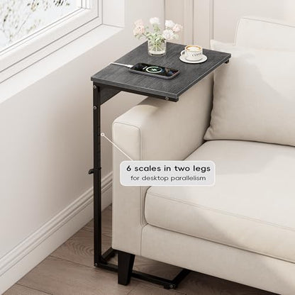 C Shaped End Table with Charging Station, Adjustable Height Side Table for Couch, Small Side Table, 33.2'' Tall Couch Tables that Slide Under, Tv Tray End Table for Living Room, Gray Walnut - color: Gray Walnut (1 Pack), style: With Plug