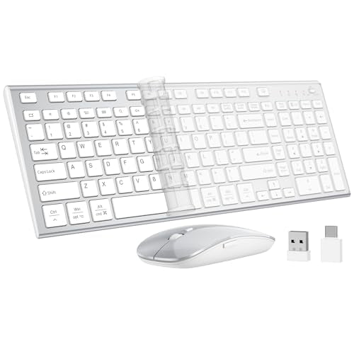 Wireless Keyboard and Mouse, GALENMORO Silent Quiet Combo Low Profile USB C Full Size Compact with Number Pad Flat Soft Touch Cordless for Mac Computer PC Laptop Macbook iMac Office - White and Silver - color: Silver and White