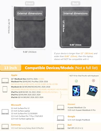 HYZUO 13 Inch Laptop Sleeve PC Case for MacBook Pro 13 M2 M1 2026-2016, 13" MacBook Neo 2026 A3404, MacBook Air 13 M5 A3449 M4 M3 M2 M1 2026-2018, 13" iPad Pro/Air, Surface Pro, XPS 13, Space Gray - color: Space Gray, size: 13 Inch