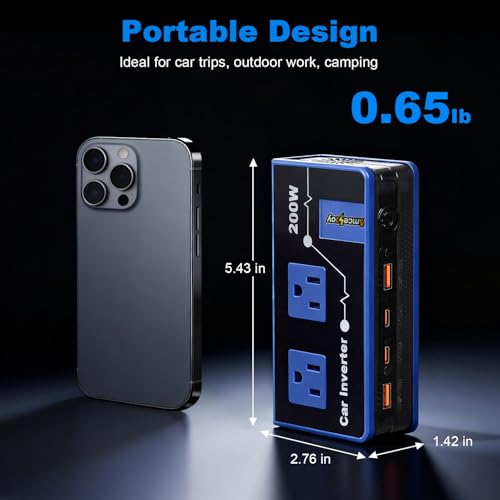 200W Car Power Inverter, Amcelooy Dual DC 12V to 110V AC Car Outlet Adapter to Wall Plug, Fast Charging 24W USB-C & USB Ports, Portable Charger Converter with for Laptops, Phones(Blue) - color: Blue