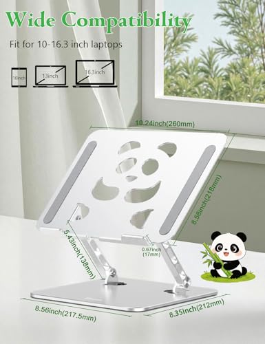 Stable Laptop Stand for Desk Fit for 10"-16.3" Laptops, Silver | Foldable Aluminum Riser Creates an Ergonomic Workspace with Cute Panda Cooling Vent, Fits MacBook Air/Pro, Dell and Lenovo - color: Silver