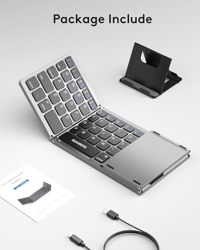 Samsers Foldable Bluetooth Keyboard with Touchpad, Ultra Slim Compact,Grey | Multi-touch Trackpad, Full Size, Phone Holder, USB-C Charging, 1 Device, for Android Windows iOS Mac OS, Mobile Productivity - color: Grey, size: 1-Device