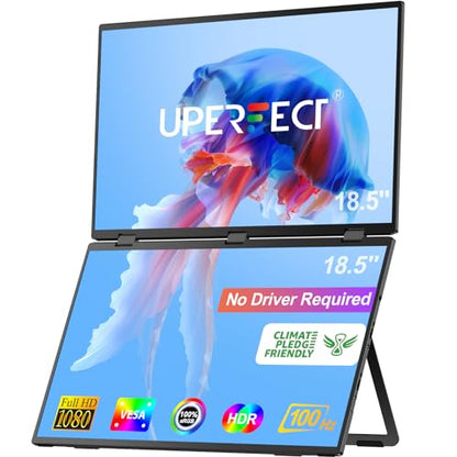 UPERFECT Delta Max 18.5" 100Hz Dual Portable Monitor for Laptop Screen Extender 1080P HDR 360° Folding Stacked Triple Monitor with Stand & VESA for Laptop PC Phone Game Console (No Driver Needed) - size: 18.5"