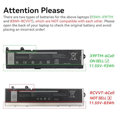 93Wh X9FTM Laptop Battery for Dell Precision 7670 7680 7770 7780 Mobile Workstation Series P114F P114F001 P114F002 P115F P115F001 P115F002 5JMD8 965V4 05JMD8 0965V4 0X9FTM 11.55V 6-Cell Battery