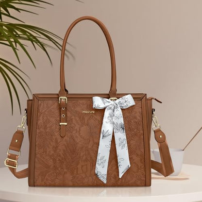 MOSISO Laptop Bag for Women, 17-17.3 inch PU Leather Tote Bag | Compatible with MacBook, HP,Dell, Front Embossed Retro Hibiscus Computer Bags with Silk Scarf&Clutch Purse, Brown - color: Brown, size: 17.3 inch