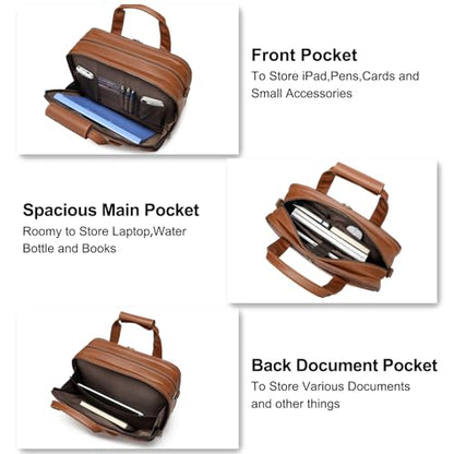 Leather Briefcases for Men 15.6 Inch Laptop Messenger Bag with Triple Compartments Water-Resistant Computer Shoulder Bag for Business, Travel, Work, Office, Coffee - color: Coffee