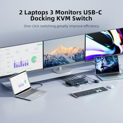 2 Laptops 3 Monitors KVM Switch 2 Port MST Dual USB-C Docking KVM Switches Triple Monitor Support Max 10Gbps USB Transfer Dual 4K@60Hz & One 1080P@60Hz Video Output, 100W PD Charging