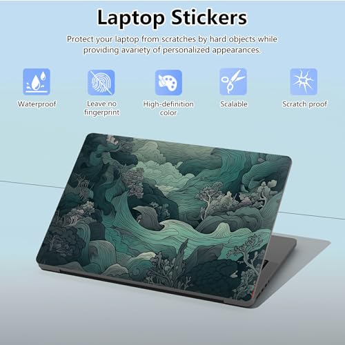 Universal Laptop Skin Sticker with 2 Wrist Pad Skins, Waterproof Scratch Resistant Vinyl Laptop Cover Decal, Cut to Fit for 11–15.6 Inch MacBook HP Dell Lenovo, Green Wave - color: Green Wave