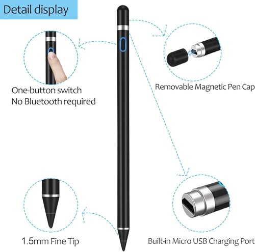 Stylus Pen for Touchscreen, DOGAIN iPad Pencil 1.5mm Fine Point Rechargeable, Tablet Pen for Drawing/Writing/Playing, Stylus Pen for iPad/iPad Air/Mini/Pro/Android/iPhone and Most Device(Black) - color: Black Pen