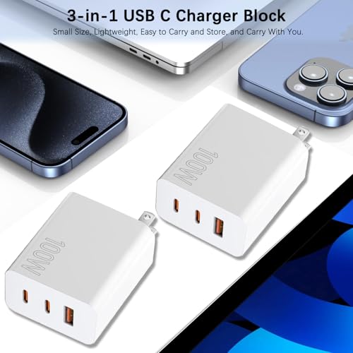 100W USB C Charger Block,2Pack 3-Port PD&AC GaN Super Fast USB C Charging Block Wall Charger Adapter Plug for MacBook Pro/MacBook Air,iPhone 17 Pro Max/17 Air/16 Plus/16E/15,iPad Pro/Air/Mini and More