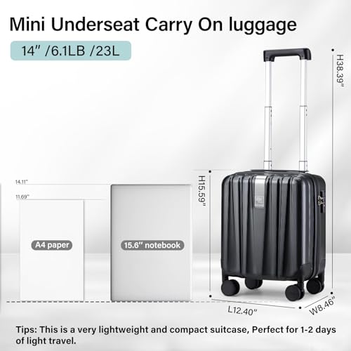 Hanke 14 Inch Underseat Carry On Luggage with Wheels Hard Shell Suitcases Carry On Bag Lightweight Small Mini Suitcase Tsa Luggage for Travel.（Jet Black） - color: Jet Black, size: Underseat 14-inch
