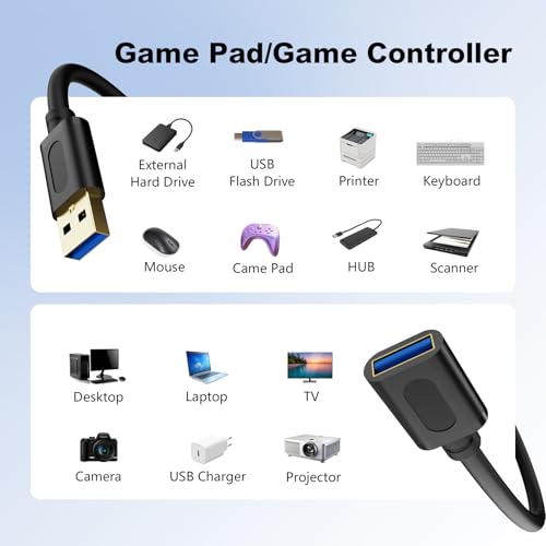 USB 3.0 Extension Cable 3Ft, USB 3.0 Male to Female Lead with Signal Amplification Active Cord for Printers, Keyboards, Game Console, Loudspeakers, Scanners, Displays, Headsets(1M/3Ft) - size: 3 Ft