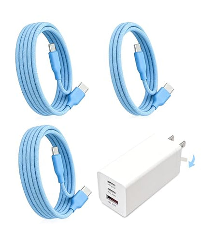 65W USB C Laptop Charger, 3-Port PD Wall Charger Block with 3 Cables (2x1.2m+1x0.6m), Foldable Travel Adapter for Phone, Tablet, Compatible with MacBook - Blue