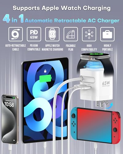 TOPADRE for Apple Watch Charger 65W, 70cm USB-C Retractable Cable | Wall Charger with Foldable Plug, PD PPS Fast Charging Block for iPhone17/16/15/14, iPad, MacBook, Galaxy and Android Devices