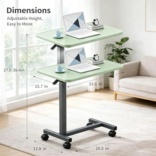 Adjustable Overbed Table with Wheels, Pneumatic Height Lift Rolling Bedside Table, Standing Desk for Home & Office Use, Ideal for Seniors & Limited Mobility (Light Green) - color: Light Green
