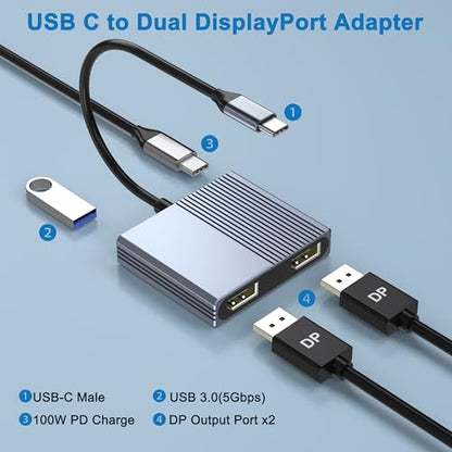 USB C to Dual DisplayPort Adapter with USB3.0/PD, 4K@60Hz Supports SST/MST | DisplayPort Splitter for Dual Monitors Extended Display, USB C to Display Port Adapter, Displayport MST Hub for Dell/HP/Mac