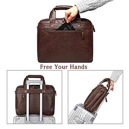 Bosidu Leather Briefcases for Men 15.6 Inch Laptop Messenger Bag with Triple Compartments Water-Resistant Computer Shoulder Bag for Business, Travel, Work, Office, Brown - color: Brown