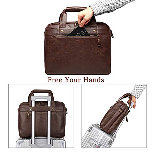 Leather Briefcases for Men 15.6 Inch Laptop Messenger Bag with Triple Compartments Water-Resistant Computer Shoulder Bag for Business, Travel, Work, Office, Brown - color: Brown