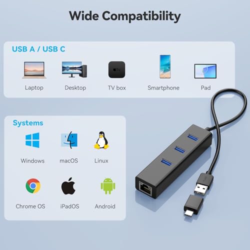 USB-C to Ethernet Adapter, 3-Port USB 3.0 Hub with Gigabit Ethernet, Aluminum USB to RJ45 LAN Network Converter 10/100/1000 Mbps for MacBook, Laptop