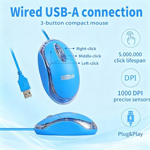 SOONGO Kids Mouse for Laptop USB Ergonomic Optical Mouse Blue Color 1.5M Cable - color: Blue