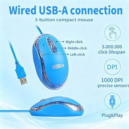 SOONGO Kids Mouse for Laptop USB Ergonomic Optical Mouse Blue Color 1.5M Cable - color: Blue