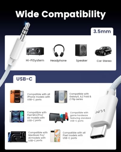 VUM USB-C to AUX Hi-Res 3.5mm Audio Cable for Car,Headphones,Speakers (4ft) | 32-bit/384kHz DAC, High Quality 99.99% Purity OFC Silver-Plated, Hi-Fi Stereo Durable Type-C to 3.5mm Male Auxiliary Cable