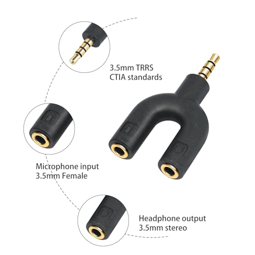 2-Pack 3.5mm TRRS Splitter Cable 1 Male to 2 Female Headphone and Microphone Adapter for Laptops Tablets Gaming Headsets