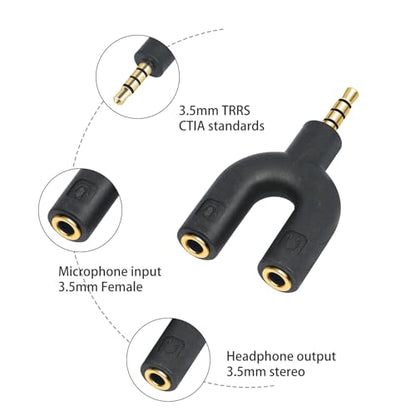 2-Pack 3.5mm TRRS Splitter Cable 1 Male to 2 Female Headphone and Microphone Adapter for Laptops Tablets Gaming Headsets