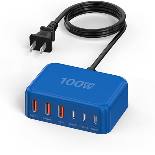 6 in 1 USB Charger, 50% Smaller Charging Station for Multiple Devices, 100W Fast Charging Blocks with Type C Ports, USB Charging Hub Organizer Multiport Power Strip for iPhone, Ipad, Kindle, Travel - color: C-Blue