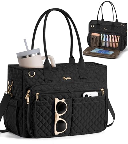 Bagstellar Teacher Tote Bag for Women, 15.6" Laptop Work Tote Computer Bag | Quilted Bible Nurse Bag with 40oz Cup Holder, Insulated Pocket & Strap, Large Laptop Briefcase for School Travel Office Gifts - color: Black