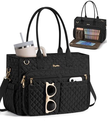 Bagstellar Teacher Tote Bag for Women, 15.6" Laptop Work Tote Computer Bag | Quilted Bible Nurse Bag with 40oz Cup Holder, Insulated Pocket & Strap, Large Laptop Briefcase for School Travel Office Gifts - color: Black