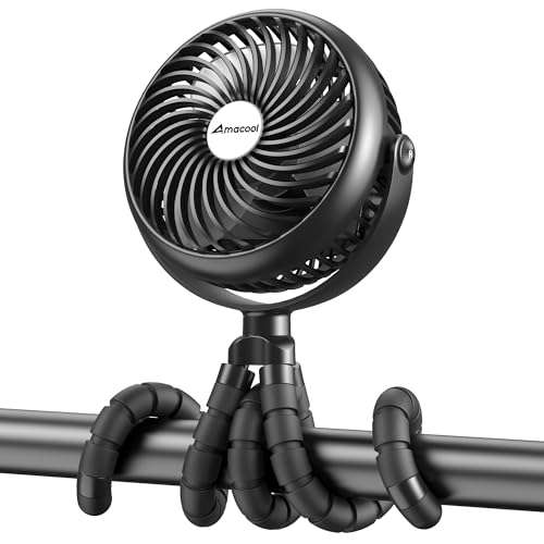 AMACOOL Baby Stroller Fan - 5000mAh Rechargeable, 3-Speed, Strong Yet Quiet, 360°Rotate Portable Clip on Fan for Travel, Car Seat, Crib, Bike, Treadmill, Beach Vacation Essentials - color: Black