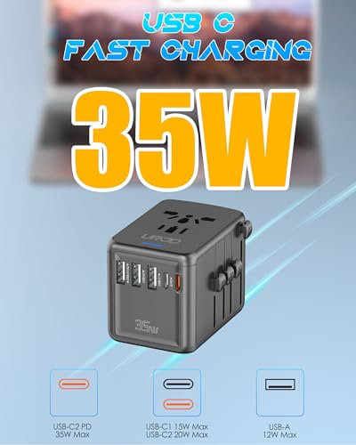 Universal Travel Adapter, 35W PD Fast Charging, for Europe UK US AU | 2 USB C 3 USB A & 2500W AC Outlet, International Power Adapter for 200+ Countries, Compatible with iPhone, MacBook,Tablet - color: PD35W-3A2C-black+silver