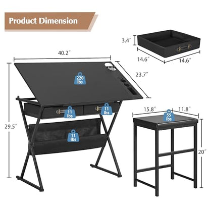 VECELO Drafting Table Art Desk Art Table Adjustable Drawing Table Tilted Tabletop with 2 Storage Drawers and Stool, Drawing Desk for Artist Painters Drawing, Crafting, Reading, Writing, Black - color: Black