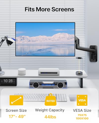 monTEK Ultra Wide Wall Mount Monitor Arm for 17-49 Inch Screens, Heavy Duty Single Monitor Mount up to 44 lbs, Fully Adjustable Gas Spring Wall Mount, 75x75/100x100 VESA Mount, Black - color: Black