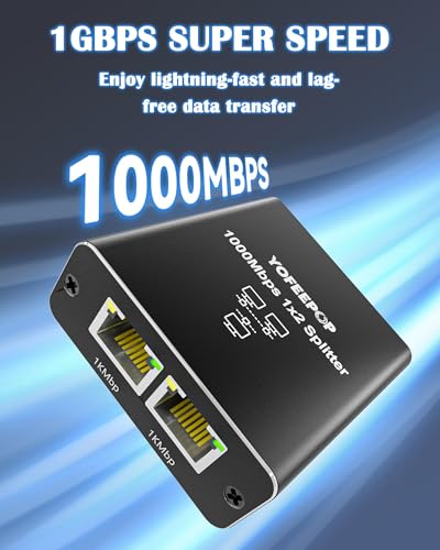 Gigabit Ethernet Splitter 1 to 2, LAN Cable Splitters High Speed 1000Mbps RJ45 Ethernet Switch with USB C Power Cable for Cat5/5e/6/7/8 Cable