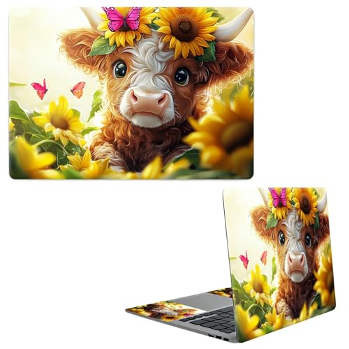 Laptop Skin Sticker Decal, Universal Protective Cover Fit 12 13 14 15.6 Inch Notebook, Reusable Water-Resistant Vinyl Decal w/ 2 Wrist Pads for Business Travel Office, Cute Cow Flowers - color: Cute Cow Flowers