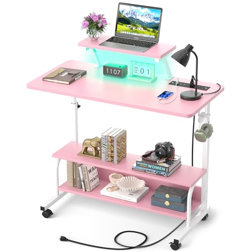 Height Adjustable Standing Desk with Power Outlets and LED Lights - 32" Manual Stand Up Desk with Monitor Stand and Storage Shelves Small Mobile Rolling Computer Desk Portable Laptop Table, Pink - color: Pink, size: 32''