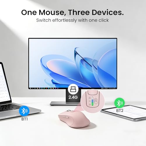 CITLLA Wireless Bluetooth Mouse (USB + BT1 + BT2), Full Size Mouse, 4-Way Scrolling, Multi-Device Silent for Computer, Laptop, iPad, MacBook (Pink) - color: Pink
