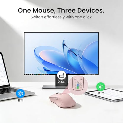 CITLLA Wireless Bluetooth Mouse (USB + BT1 + BT2), Full Size Mouse, 4-Way Scrolling, Multi-Device Silent for Computer, Laptop, iPad, MacBook (Pink) - color: Pink
