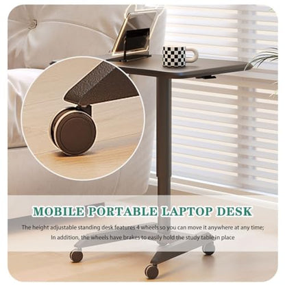 Height Adjustable Standing Table, Pneumatic Lift Laptop Desk, Movable Sofa Side Table with Wheels, Large Thick Steel Tube Computer Desk