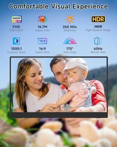 15.6" Portable Monitor, 1080P FHD Ultra-Light 1.28lb External Monitor | 85% sRGB, Anti-Glare, Low Blue Light, 60Hz, Kickstand Case, USB-C & Mini HDMI for MacBook, Laptop, Switch, PS5, Xbox & Phones - size: 15.6 inches