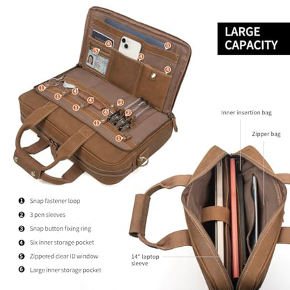 Augus Leather Briefcase for Men, 16 Inch, Full-Grain Leather, YKK Zipper - color: Light Brown