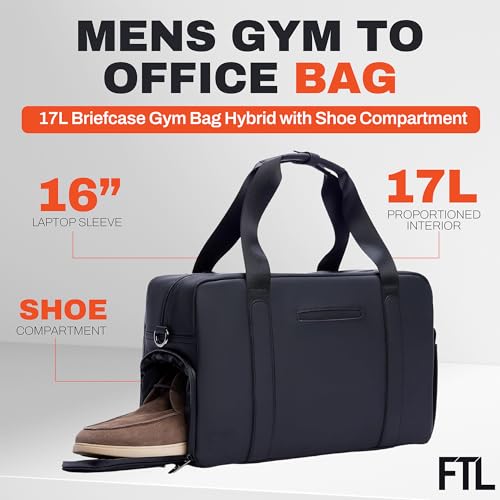 The FTL Lite Mens Gym to Office Bag - 17L Briefcase Gym Bag Hybrid with Shoe Compartment & 16" Laptop Sleeve - Executive Daily Carry & Overnight Duffel for Athletic Business Pros - Kenmare Black - color: Kenmare Black, style: Lite