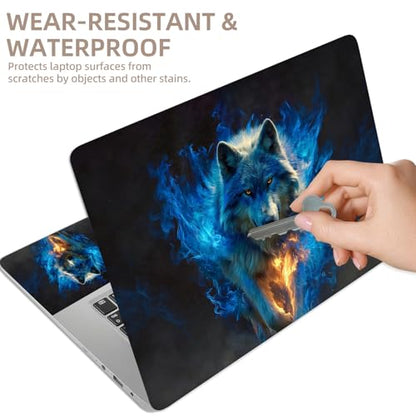 Universal Laptop Skin Sticker for 12/13/14/15.6 Inch Laptops, Reusable Vinyl Laptop Decal Cover, Waterproof Scratch Resistant Notebook Skin with 2 Wrist Pads,Blue Fire Wolf - color: Blue Fire Wolf