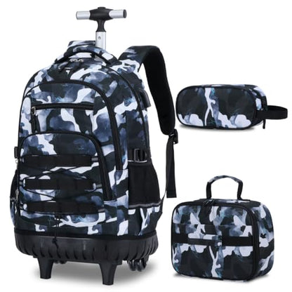 ACESAK Camo Rolling Backpack Boys, Tactical Kids Backpack Boys, Kids Suitcase for Boy Teens Elementary Middle High School, Military Backpack with Wheels and Lunch Bag Pencil Case Set (Camo Lightning) - color: Camo Lightning