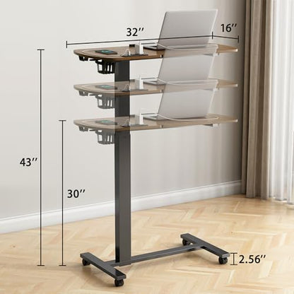 6 In 1 Overbed Table, 32'' Long Hospital Bed Table, Bedside Table (Walnut) | 32'' Length, 0- 90°Adjustable Tilt, Standing Desk Charging Station, Cup Holder, Hook, 30''-43'' Height Home Hospital Office - color: Walnut